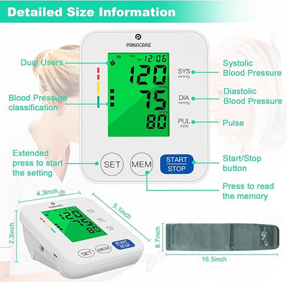 Panacare Blood Pressure Machine, Automatic Upper Arm Blood Pressure Monitor for Home use, 2x99 Readout and BP Cuff, 3.4" 3-Color Backlit Screen, Adjustable Large Cuff (8 to 16 inches), White