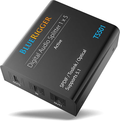 BlueRigger Digital Optical Audio Splitter 1x5 (Active Toslink Splitter 1 in 5 Out, SPDIF, Fiber Optic Audio Adapter) - for Home Theatre, Xbox, PS4, DVD, CD Player, Receiver, HDTV