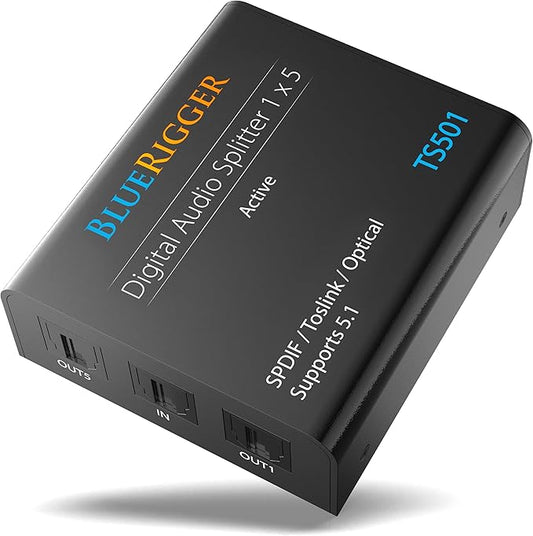 BlueRigger Digital Optical Audio Splitter 1x5 (Active Toslink Splitter 1 in 5 Out, SPDIF, Fiber Optic Audio Adapter) - for Home Theatre, Xbox, PS4, DVD, CD Player, Receiver, HDTV