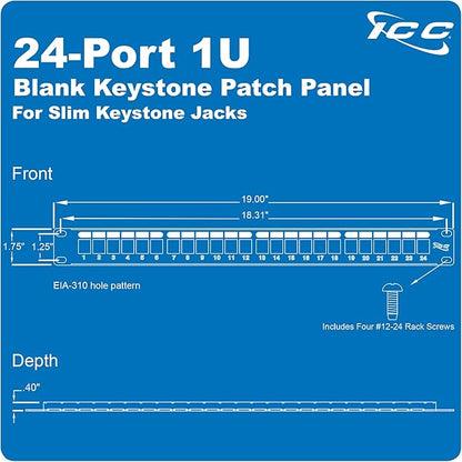 ICC 24 Port Blank Keystone 1U Patch Panel with 19” Metal Rackmount Housing for Slim Profile Keystone Jacks (Sold Separately), UL Listed, IC107BP241