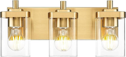 METWET Bathroom Light Fixtures Over Mirror, 3-Light Brushed Gold Vanity Light with Square Clear Glass Shade, Modern Wall Sconces, Vanity Lighting Fixtures, VL194-BG-3