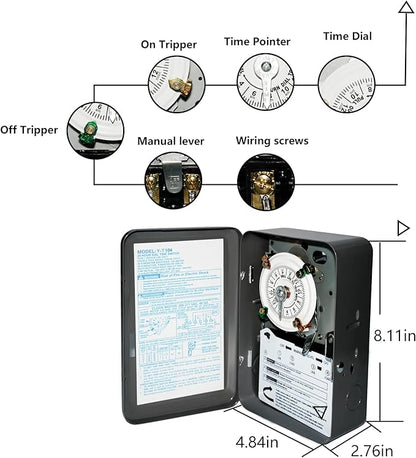 T104 Electromechanical Timer Switch,40A Load Capacity,1-12 Cycles Per Day - Manual Override,Versatile Scheduling
