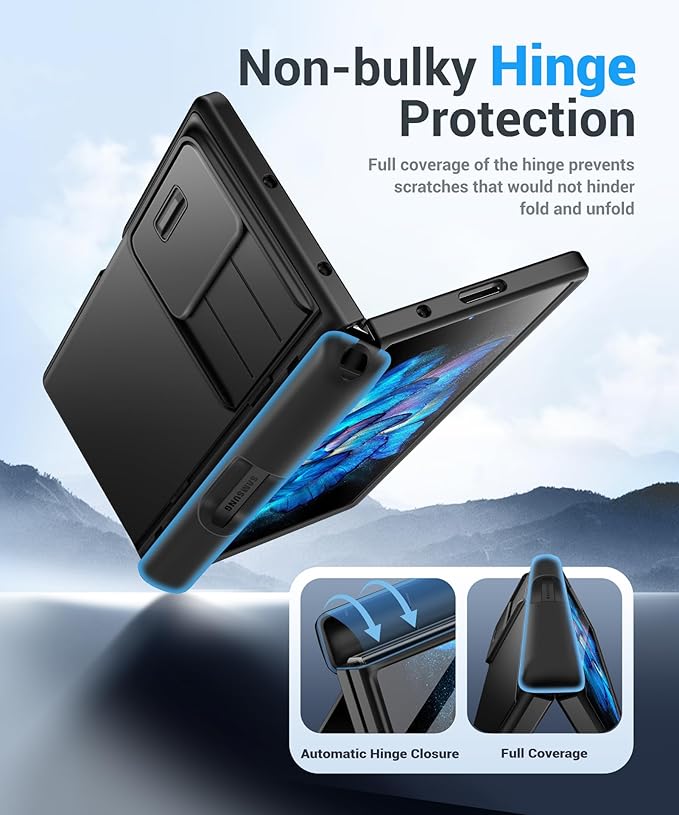 BERFY for Z Fold 7 Case with 9H Tempered Screen Protector, Military Grade Hidden Kickstand & Slide Camera Cover, Full Body Shockproof Slim Hard Phone Case for Samsung Galaxy Z Fold 7, Black