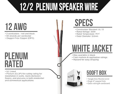 Voltive 12/2 Speaker Wire, Plenum CL3P, White, 500ft - 12AWG, 2 Conductors, Stranded Oxygen-Free Copper, UL Listed - V-1214-2