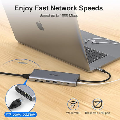 USB C Hub USB-C Docking Station Dual Monitor 14 in 1 Triple Display Multiport Adapter with 2 HDMI+DP+7 USB Type C/A Ports+Ethernet+Audio, USBC Dongle for Dell/HP/Lenovo ThinkPad/Surface(Grey)