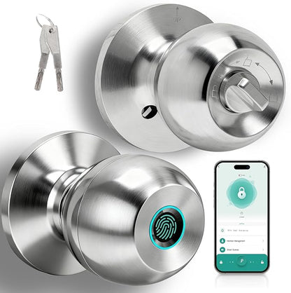 UMIK UMIKSMART Fingerprint Door Lock, Smart Door Knob, Keyless Entry Door Lock with App Control, Thumbprint Door Knob with Backup Key, Suitable for Home, Bedroom, Apartments, Garage, Office - Sliver