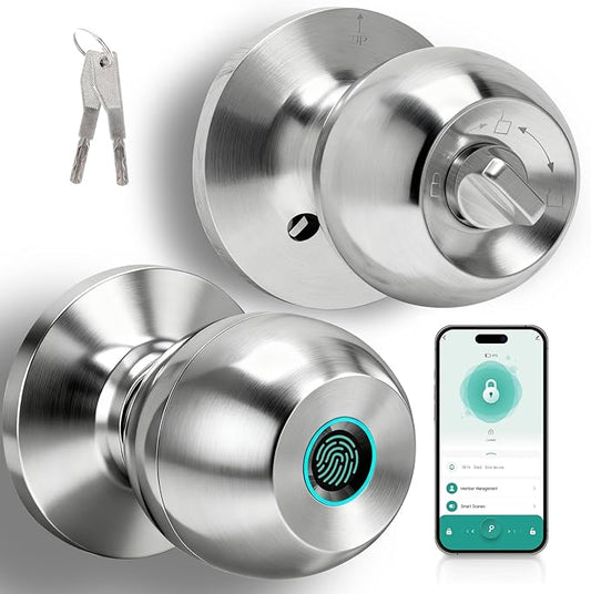 UMIK UMIKSMART Fingerprint Door Lock, Smart Door Knob, Keyless Entry Door Lock with App Control, Thumbprint Door Knob with Backup Key, Suitable for Home, Bedroom, Apartments, Garage, Office - Sliver