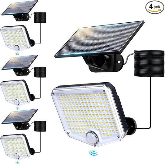 JumJam 153 LED Solar Wall Lights, 180° Beam Angle Security Lights Outdoor with Remote, Motion Sensor Lights with 3 Modes, Waterproof Flood Lights for Porch, Patio,Yard,Garage, 4 Pack