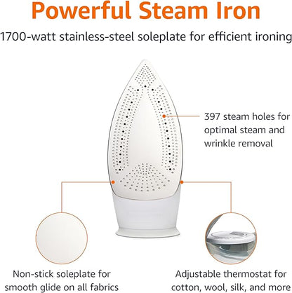 Amazon Basics Steam Iron for Clothes with Safety Auto Shut-Off, Handheld Steamer, Steel Soleplate, 1700-Watt, 1.62ft, Gray