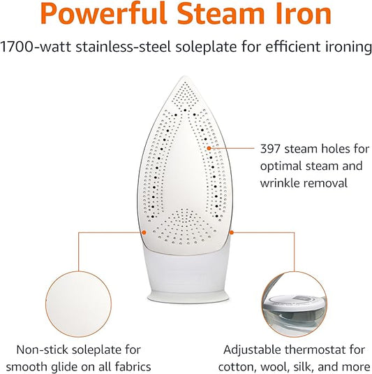 Amazon Basics Steam Iron for Clothes with Safety Auto Shut-Off, Handheld Steamer, Steel Soleplate, 1700-Watt, 1.62ft, Gray