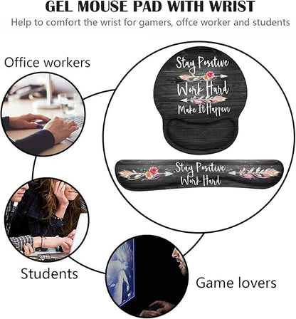 Keyboard Wrist Rest and Mouse Pad Wrist Support Set with Coasters, Stay Positive Work Hard and Make It Happen Inspirational Quote Wrist Mouse Pad with Non-Slip PU Base for Computer Laptop Home Office