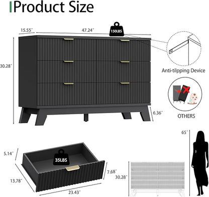 Xixini Fluted Dresser for Bedroom with 6 Drawers, 48" Wide Wooden Chest of Drawers with Metal Handle, Modern Dresser TV Stand, Wood Closet Clothes Storage Organizer for Living Room, Hallway, Black