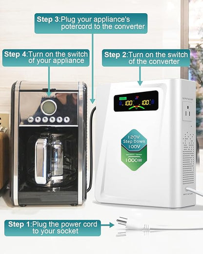 ZHENGXI 120v to 100v Step Down Transformer 1000W Power Voltage Converters, No Noise, Ten Protection Functions,Using Japan Appliances in US