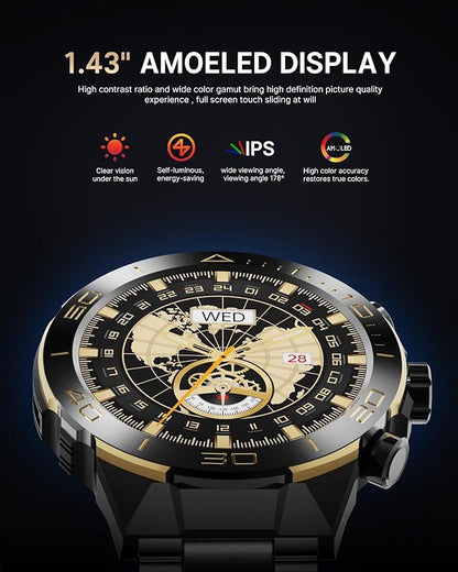 Smart Watch for Men Answer/Make Call for Android iPhone, 1.43" AMOLED HD Screen Mens Luxury Watch, 400mAh Heavy Duty Smartwatch Heart Rate Blood Oxygen Blood Pressure Sleep Monitor Pedometer, 2 Straps