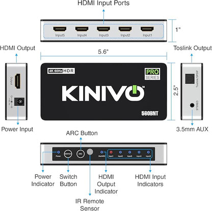 Kinivo HDMI Switch with Audio Extractor 560BNT (5 in 1 Out Hub, Toslink Optical Audio Port, SPDIF, 4K 60Hz Switcher, 18Gbps, IR Remote) - Compatible with Gaming Console, Cable TV, PC, Dolby Digital