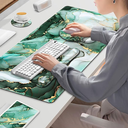 Gaming Mouse Pad, Large Desk Mat, Cute Desk Pad Protector, 4in1 XXL Mousepad + Keyboard Wrist Rest+Mouse Wrist Rest+Coaster Set with Ergonomic Desk Pad for Home Office PC Computer, Green Marble