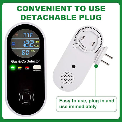 Combustible Gas & Carbon Monoxide Detector 4-in-1 Alarm with Temp/Humidity Sensor – Plug-in CO/Gas Leak Detector for Home, RV, Apartment Safety (Explosive Gas & CO Detection) 2-Pack