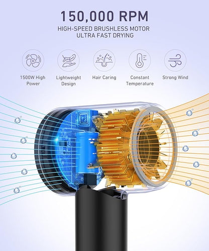 Cosy Companions High-Speed Ionic Hair Dryer, 150000 RPM Brushless Motor for 2-5 Min Fast Drying, Low Noise Blow Dryer Reduces Frizz & Heat Damage, Lightweight Hair Dryer with Diffuser & Nozzle