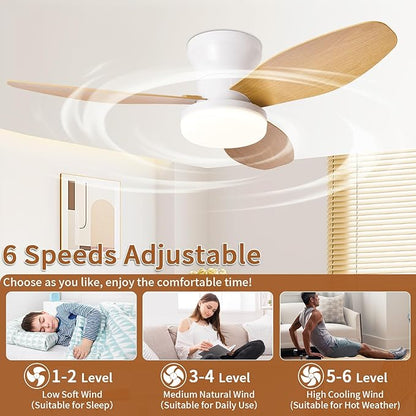 Glowall Small Ceiling Fan with Lights and Remote, 32 Inch Flush Mount, Small Quiet, DC Motor, Reversible Blades, 6 Wind Speeds, Dimmable LED, Adjustable Color Temperature, Timer