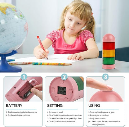 KADAMS Visual Timer for Kids with Audio Pre-Alarm - Traffic Light Alarm for Kids Toddler Teachers Classroom Home Time Management Tool 24hr Countdown Pause Memory Function, Pink