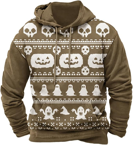 Halloween Hoodie Men Graphic Pumpkin Ghost Printed Sweatshirt Casual Trendy Long Sleeve Halloween Hooded Tops with Pockets