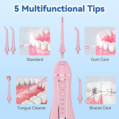 Cordless Portable Water Flosser with 300ML Tank: Rechargeable Oral Irrigator with 5 Tips for Travel, Braces Care and Sensitive Gums, IPX7 Waterproof Teeth Cleaning Device(Pink)