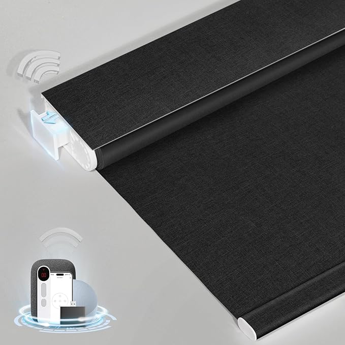 MANSNIX Smart Motorized Blinds with Remote, Cordless No-Drill Automatic Roller Shades, Blackout Electric Blind for Windows, Black, 34 x 72