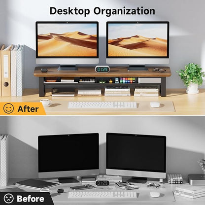 NestNeat Dual Monitor Stand, 35.4 Inch Monitor Stand Riser for 2 Monitors, 2 Tiers Wood Desk Shelf with Storage, Desktop Organizer Stand for Computer, Laptop, Printer, TV (Black Walnut, 35.4in)