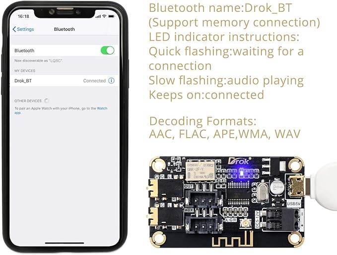 DROK Blue~Tooth Board, 12V Audio Receiver Blue~Tooth Module DC 5V-12V Portable Wire~Less Electronics Stereo Music Receive Circuit Chip with Micro USB Port for Headphone Speaker Home Sound System DIY