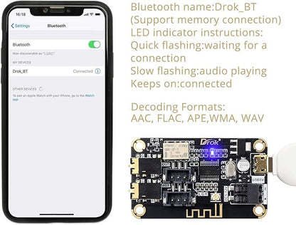 DROK Blue~Tooth Board, 12V Audio Receiver Blue~Tooth Module DC 5V-12V Portable Wire~Less Electronics Stereo Music Receive Circuit Chip with Micro USB Port for Headphone Speaker Home Sound System DIY