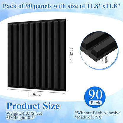 Nuanchu 90 Pcs 3D Slat Wall Panels 12 x 12 Inch PVC Fluted Textured Panel Cuttable Paintable DIY Wall Art Decorative Tiles for Ceiling Studio Bathroom Interior TV Background (Black)