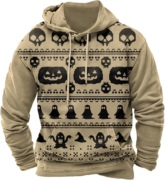Halloween Hoodie Men Graphic Pumpkin Ghost Printed Sweatshirt Casual Trendy Long Sleeve Halloween Hooded Tops with Pockets