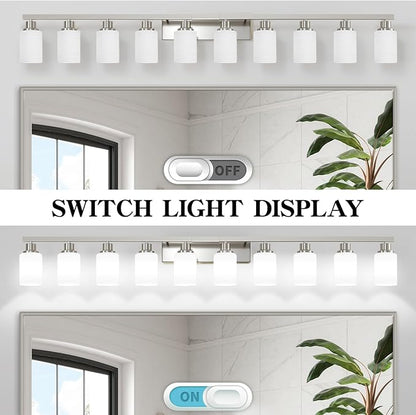 DIKAIDA 10-Light Bathroom Vanity Light Brushed Nickel,64.5in Vanity Lights with White Frosted Glass,Modern Bathroom Wall Lights Fixtures Over Mirror,Wall Sconces Lighting for Bedroom Living Room,E26