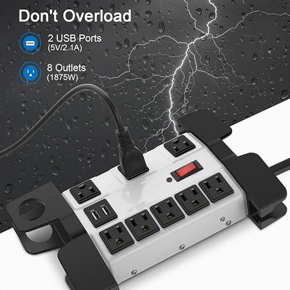 Heavy Duty Power Strip with USB, Workshop 8 Outlet Surge Protector 2700 Joules, Grey Industrial Metal 15Amp Power Strip, 15FT Extension Cord and Wide Spaced.