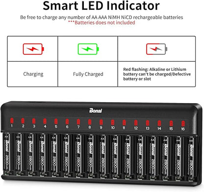 BONAI AA AAA Battery Charger 16 Bay for NiMH Rechargeable Batteries Independent Control with LED Light and Standard American AC Charging Plug, Battery not Included - Black