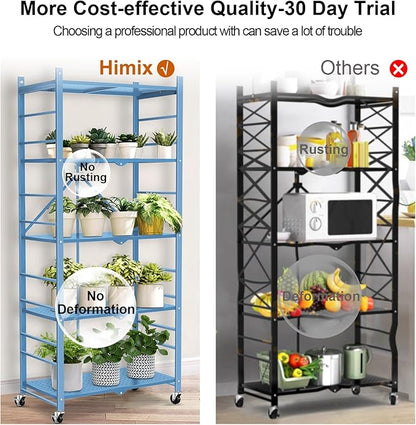 Storage Shelves with 20 Hooks, 5-Tier Foldable Shelf for Storage, Folding Shelf Unit Pantry Shelves with Wheels, Standing Shelving Unit for Kitchen Garage Home Office Room Greenhouse, Blue