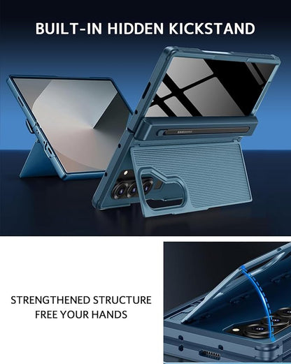 NINKI for Samsung Galaxy Z Fold 6 Case with S Pen Holder & Invisible Kickstand,Built in Privacy Screen Protector and Hinge,Shockproof Phone Cover for Samsung Z Fold 6 Case with Slim S Pen Slot – Blue