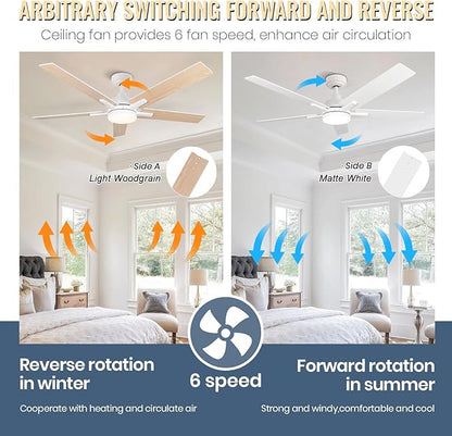 SODSEA Ceiling Fans with Lights, 52 inch White Ceiling Fan with Light and Remote Control, Reversible, 3CCT, Dimmable, Noiseless, Small Ceiling Fan for Bedroom, Indoor/Outdoor Use