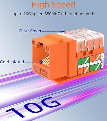 Rapink RJ45 Keystone Jack Cat6 10G Support, Cat6 Keystone Jacks UTP 10 Pack for Wall Plate and Patch Panel, Rj45 Keystone 90 Degree Orange Color for Cat 6, Cat5e, Cat5 Cabling