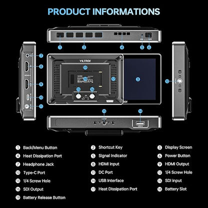 VILTROX DC-L2 7 inch SDI Camera Monitor, 1280x800 IPS HD Touch Screen Camera Field Monitor with 4K HDMI & SDI in/Out, 600 Nit, 3D LUT, Focus Peaking, Video Assist, Full Waveform, F550 Battery