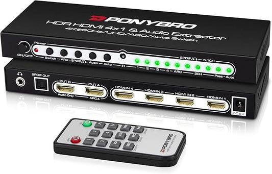 PONYBRO HDMI 2.0 Switch 4 Port with Audio Extractor – 4K@60Hz HDR10, Optical/AUX/ARC Audio Output, Auto-Switching for PS5/Xbox/Soundbar, Dolby Digital & DTS Support, Remote Included.