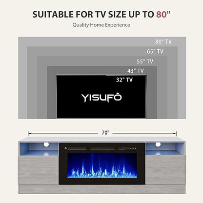 YISUFO 70" TV Stand with 36" Electric Fireplace, Large Modern Media Entertainment Center with Storage Cabinet and 12 Colors LED Lights for TVs Up to 80",Grey and Black