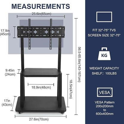 Maiproo Rolling TV Stand with Wheels for 32-75 Inch Heavy-Duty Mobile TV Cart LCD LED OLED Flat Panel Screens Smartboard Holds up to 100lbs Portable TV Stand on Wheels with Shelf Height Ajustable