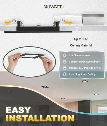 NUWATT 12 Pack 4 Inch Square Ultra-Thin LED Recessed Lighting, Selectable 2700K/3000K/3500K/4000K/5000K, 630 Lumens Dimmable, IC Rated, Black Slim Panel Light, Canless Wafer Lights, Metal J-Box