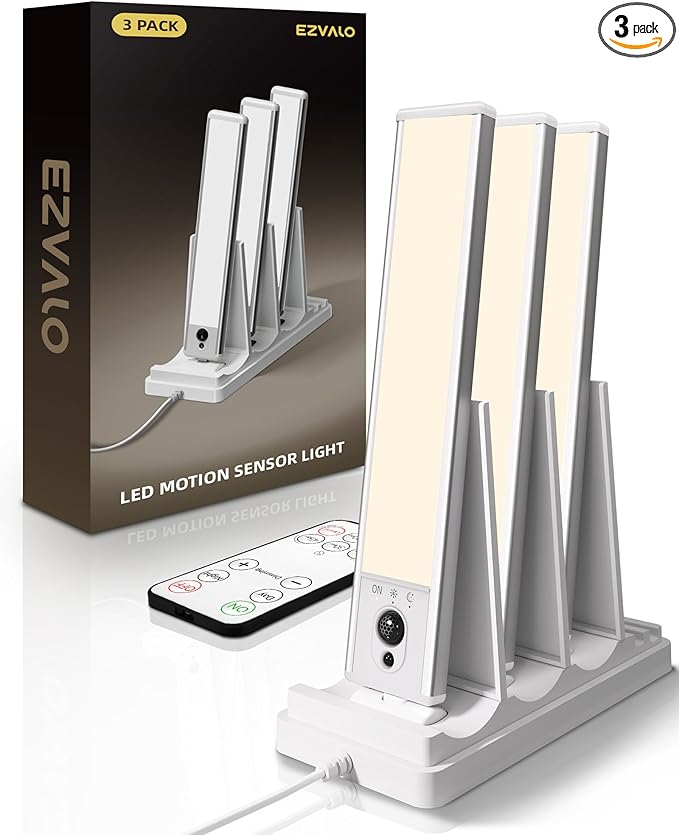 EZVALO Under Cabinet Lighting with Charging Station, Rechargeable Motion Sensor Light Indoor, Dimmable Closet Lights Wireless, 3500K, Motion Activated Under Counter Lights for Kitchen,Pantry(3 Pcs)