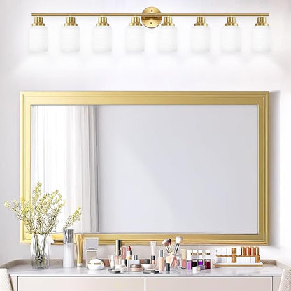 Guliaofo 8-Light Vanity Lights, Brushed Gold Bathroom Light Fixture with Striped Textured Milky White Glass Shade, Modern Vanity Lighting Fixture for Bathroom Wall Light Over Mirror, E26 Wall Sconce
