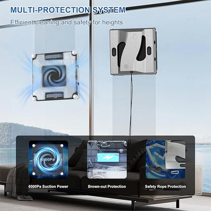 RSSIDOL Window Cleaning Robot 6000Pa Suction Power Window Cleaner Robot with 4 Water Spray Intelligent Cleaning with App Control, Perfect for High-Rise Windows, Tiles and Glass Doors