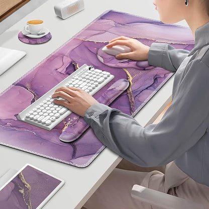 ToLuLu Desk Mat, XXL Large Mouse Pad Wrist Support Set，4 in1 Gaming Mousepad Desk Pad+ Ergonomic Mouse Pad with Wrist Rest + Keyboard Wrist Rest+Coaster for Women Home Office Computer, Purple Marble