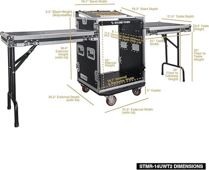 Sound Town Heavy-Duty 1/2" (12mm) Plywood 14U PA DJ Rack/Road ATA Case with 11U Slant Mixer Top, 20’’ Rackable Depth, 2 DJ Work Tables and Casters, 14-Space Size, Pro Tour Grade (STMR-14UWT2)