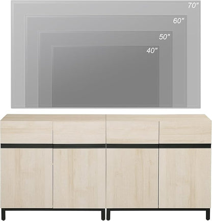 Wampat Modern TV Stand for 70 inch TVs, 2 in 1 Entertainment Center Console with Adjustable Shelves and Metal Base for Living Room, Bedroom, Light Oak